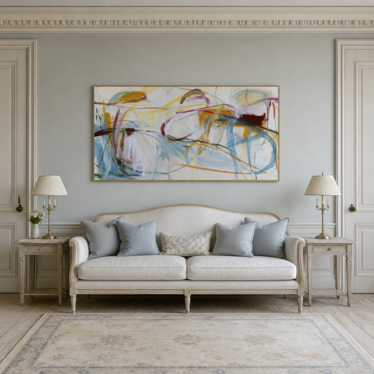 Wide mustard, burgundy and blue-gray loops abstract artwork above a cream camelback sofa on a pale gray wall