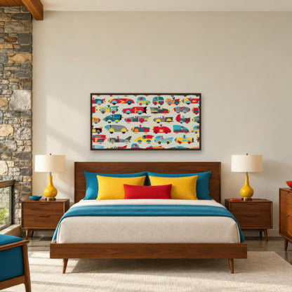 Colorful Toy Car Grid mid-century modern wall art in a bedroom