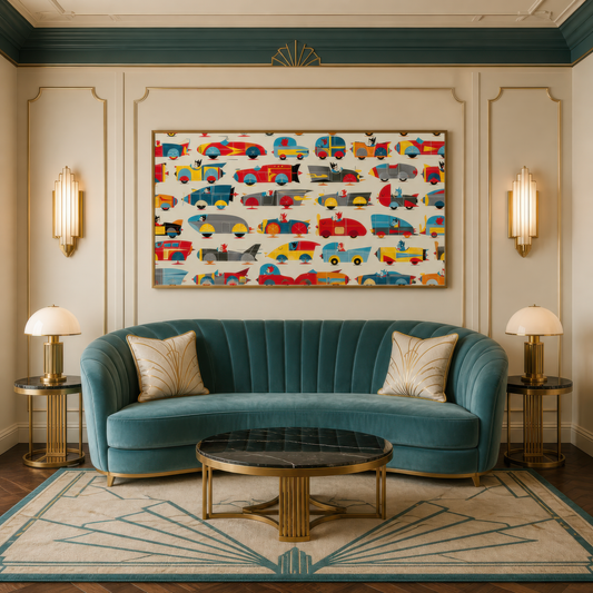 Colorful Toy Car Grid wall art print staged in a room