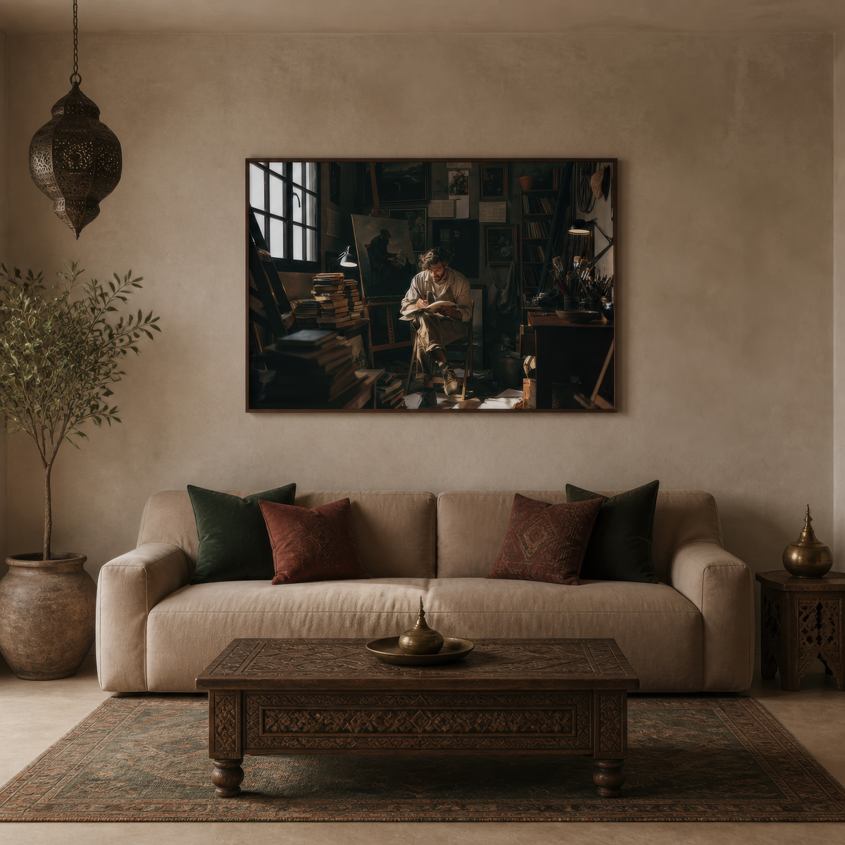 The book-lined studio above a cream sofa with green and rust pillows and an olive tree
