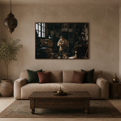 The book-lined studio above a cream sofa with green and rust pillows and an olive tree