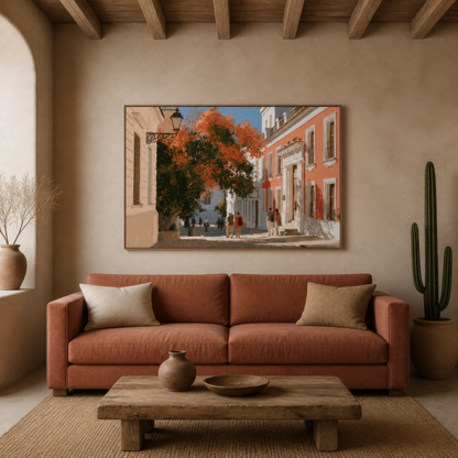 Mediterranean street scene above a rust terracotta sofa on a plaster wall with wood beams