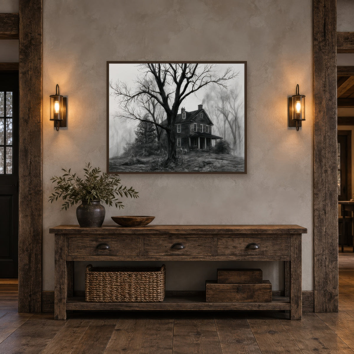 Farmhouse Behind the Ancient Tree farmhouse wall art in an entryway