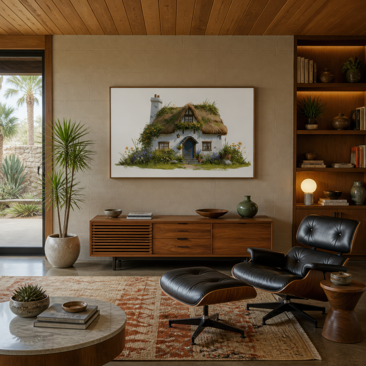 Mossy thatched cottage above a walnut credenza with a black leather lounge chair and ottoman