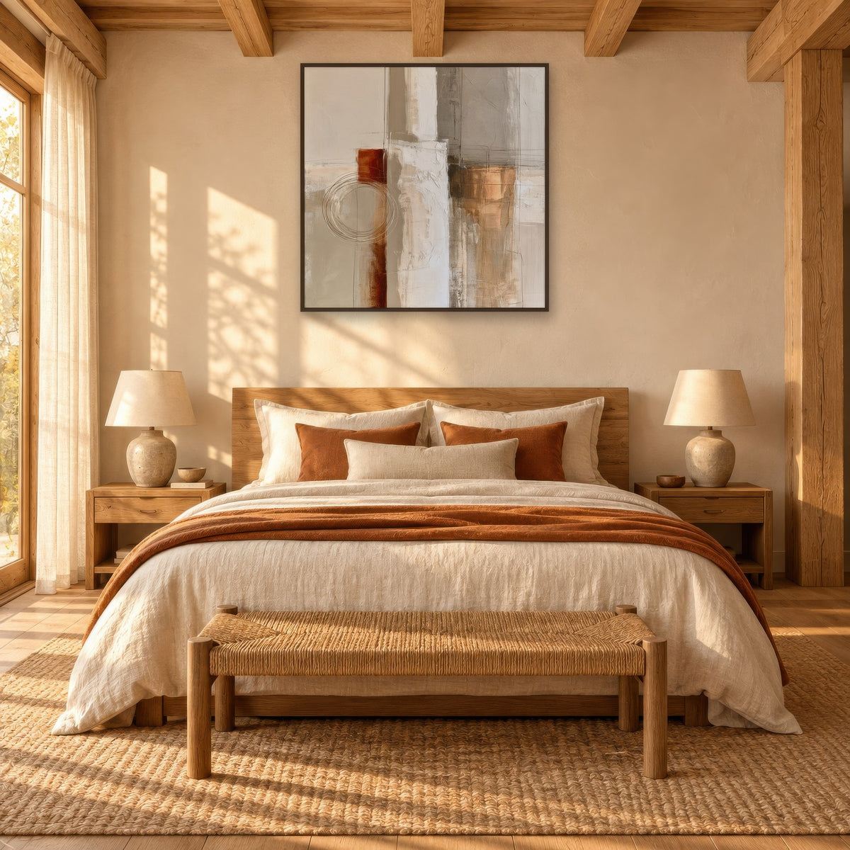 Drawn Rings and Copper Blocks Abstract earthy abstract wall art in a bedroom