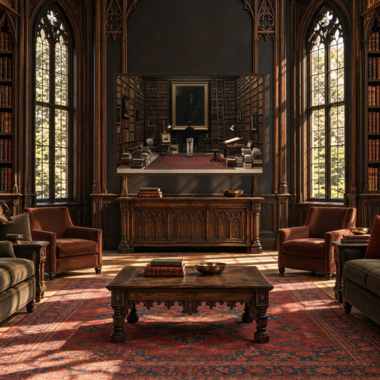 Portrait in the Grand Library dark academia wall art in an entryway