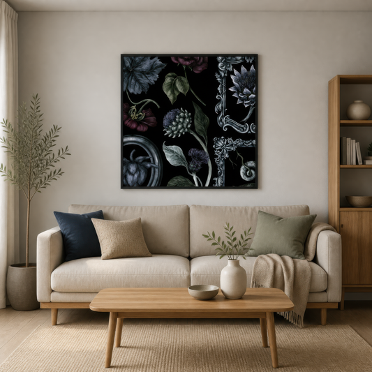 Baroque Thistle and Leaf Illustration wall art print staged in a room