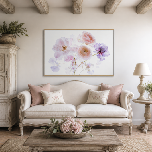 Pink and Lavender Bouquet wall art print staged in a room