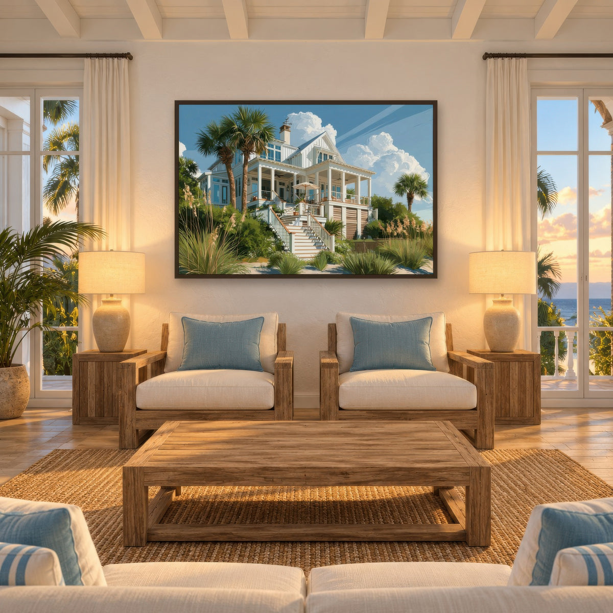 Beach House Under Clouds coastal wall art in a den