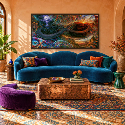 Cave to Sunburst psychedelic wall art in a living room