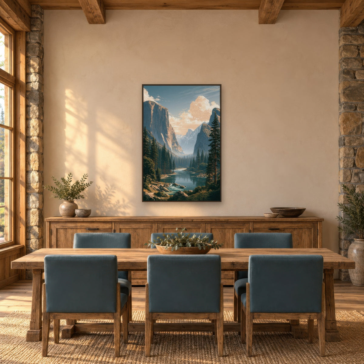 Yosemite Valley River national park wall art in a dining room