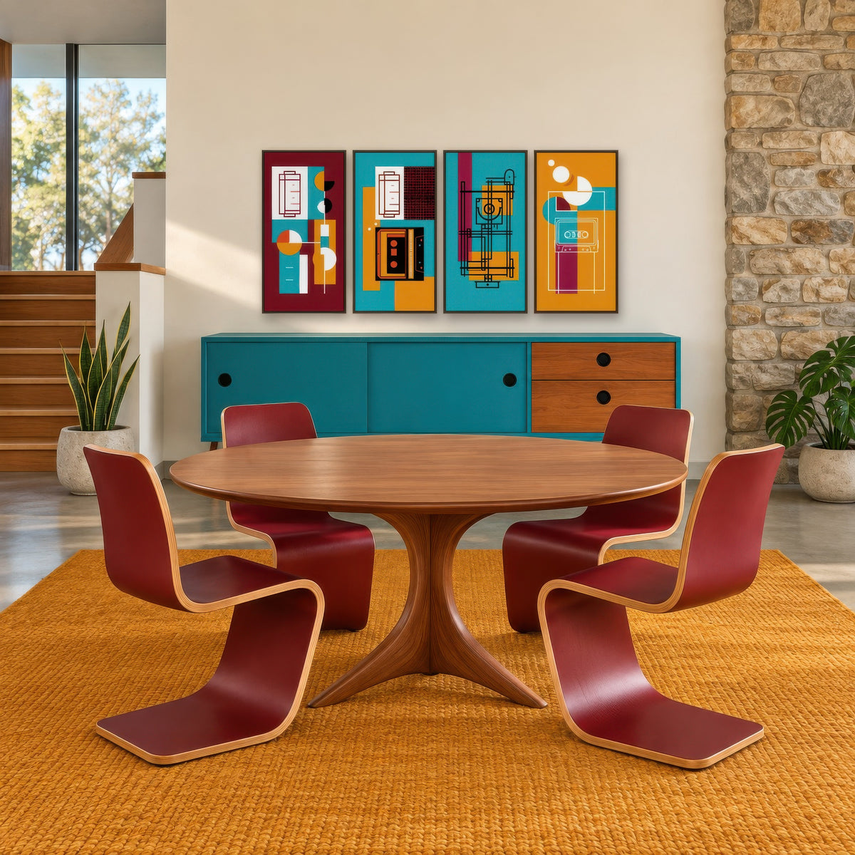 Retro Tech Blueprint Abstract mid-century modern wall art in a dining room