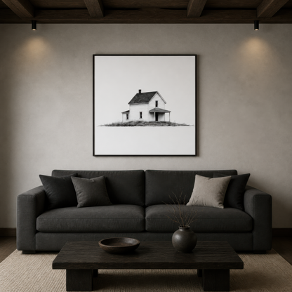 Farmhouse with a side wing and porch above a charcoal sofa with a dark wood coffee table