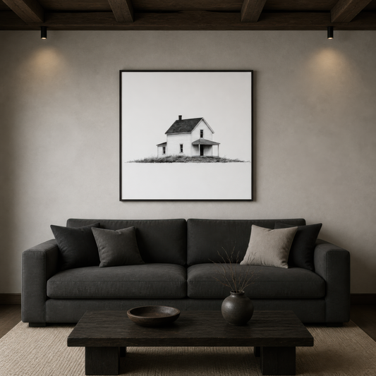 Farmhouse with a side wing and porch above a charcoal sofa with a dark wood coffee table