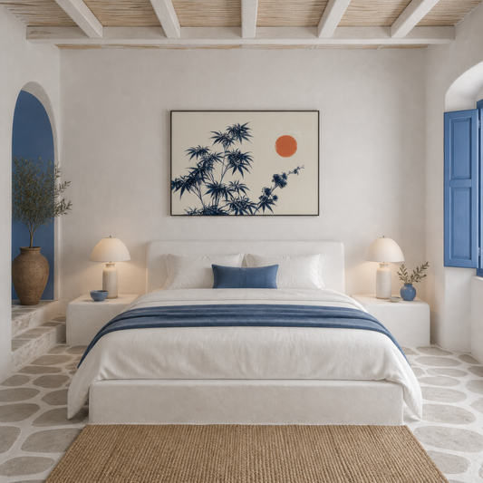 Indigo leaves and red sun above a white bed with a blue runner beside blue shutters