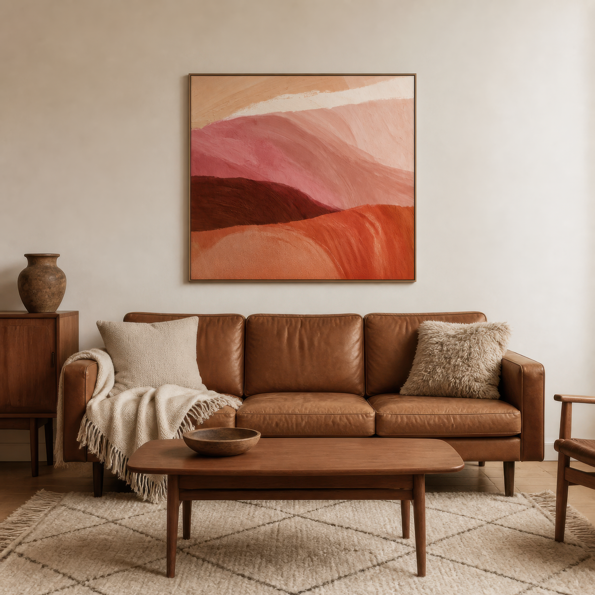 Rolling hills at dusk artwork above a tan leather sofa beside a dark wood cabinet