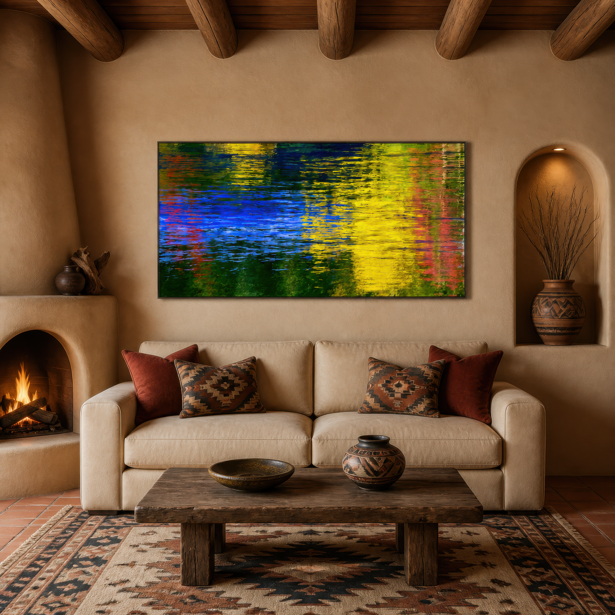 Autumn water reflection above a cream sofa with rust pillows beside a stucco arched fireplace
