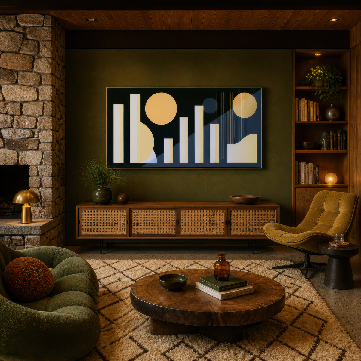 Wide navy and gold geometric abstract artwork above a low wooden credenza on an olive wall beside a stone fireplace