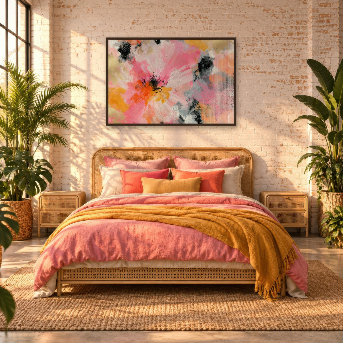 Pink and Gold Abstract Bloom boho wall art in a bedroom