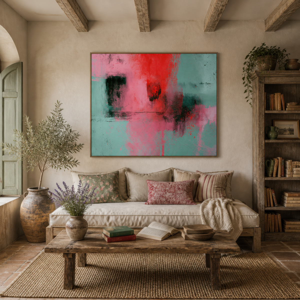 Large pink and mint green abstract artwork above a cream sofa beside bookshelves