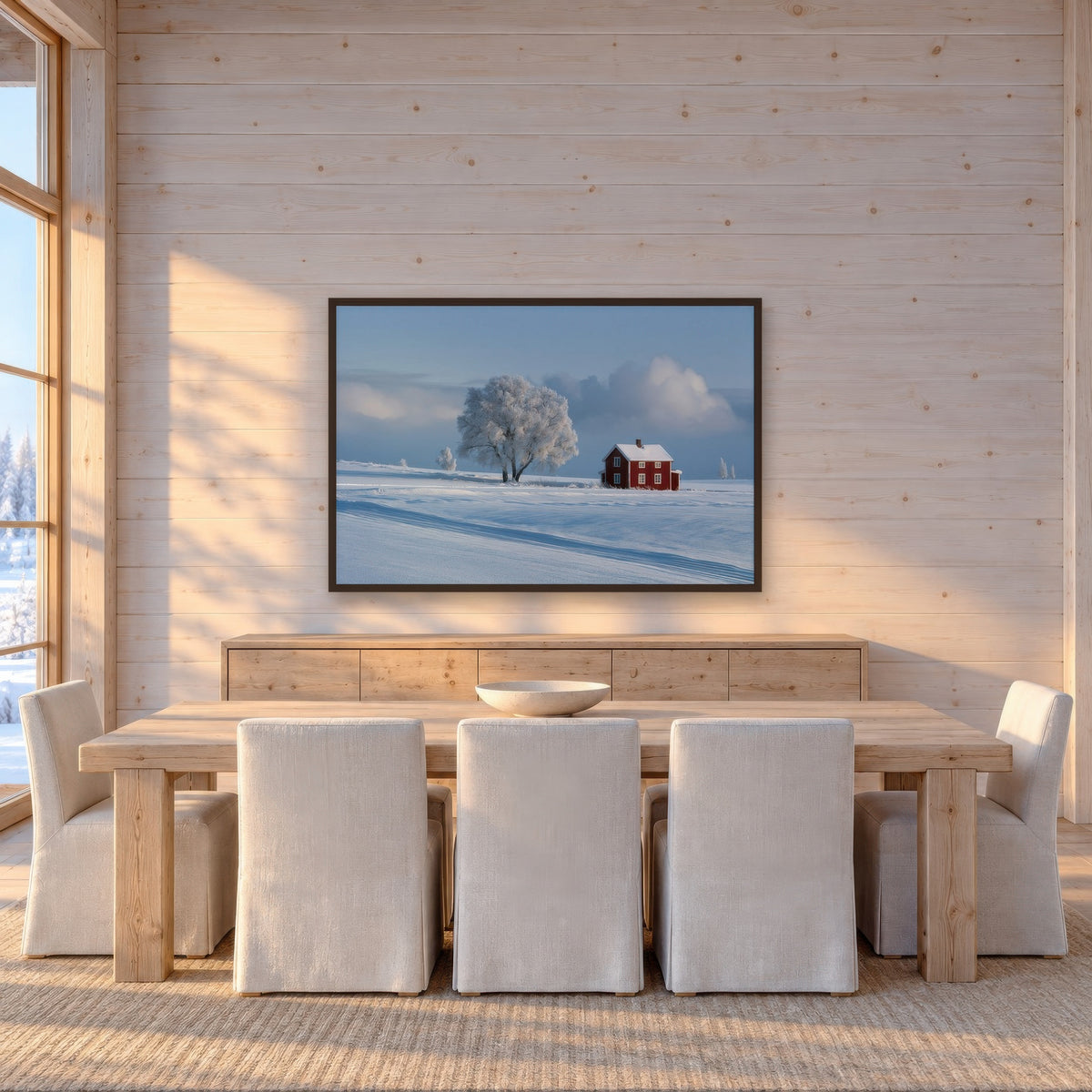 Winter Farmstead in Snow scandinavian wall art in a dining room