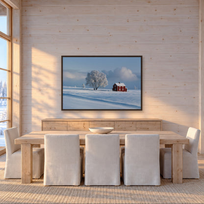 Winter Farmstead in Snow scandinavian wall art in a dining room