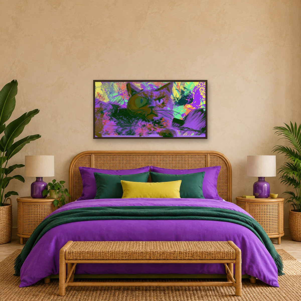 Purple and Green Cat psychedelic wall art in a bedroom
