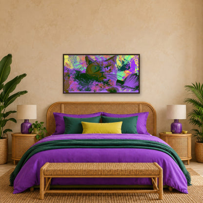 Purple and Green Cat psychedelic wall art in a bedroom