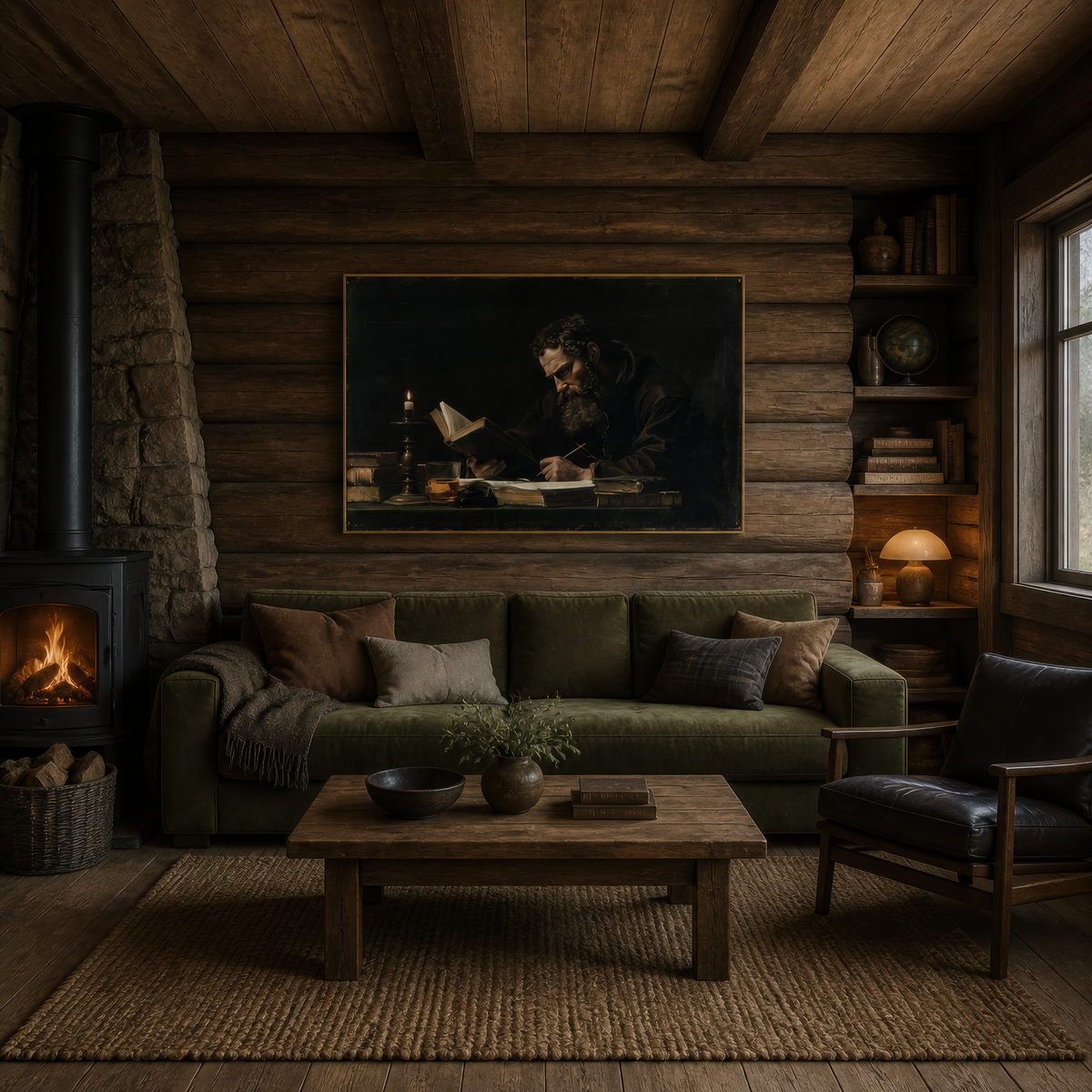 Marginalia above an olive green sofa on a dark timber wall with a stone fireplace