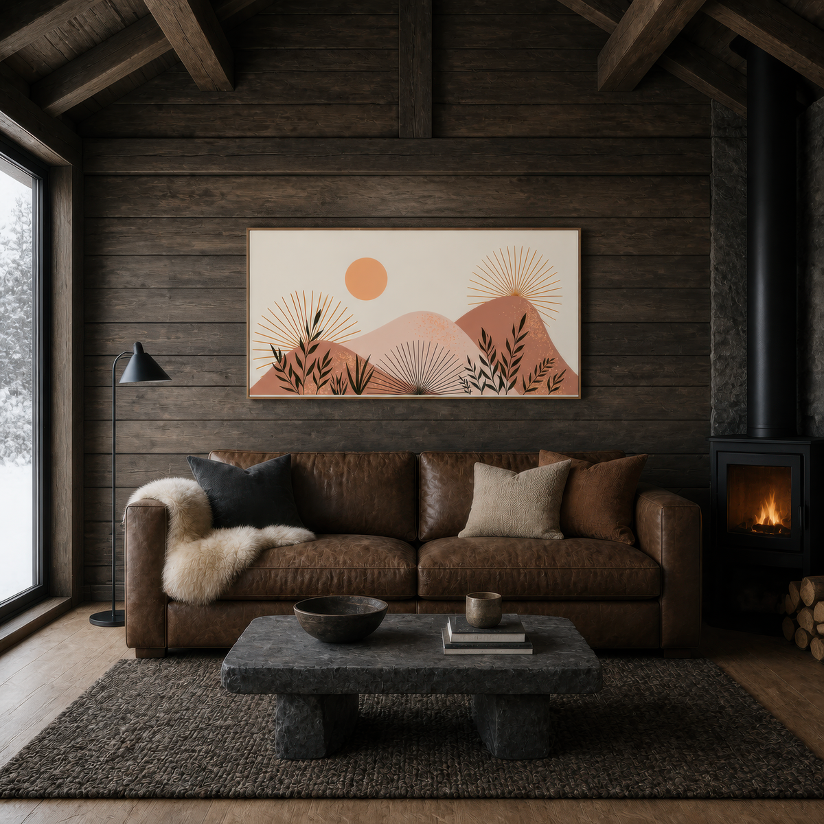 Boho sunburst mountains above a brown leather sofa on a dark timber wall by a stove