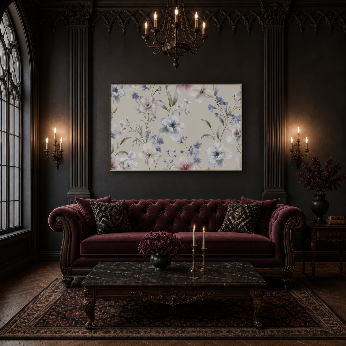 Lavender and White Floral Pattern wall art print, alternate room view