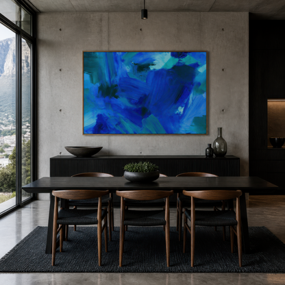 Cobalt brushstroke abstract above a dark dining table with wishbone chairs and a sideboard