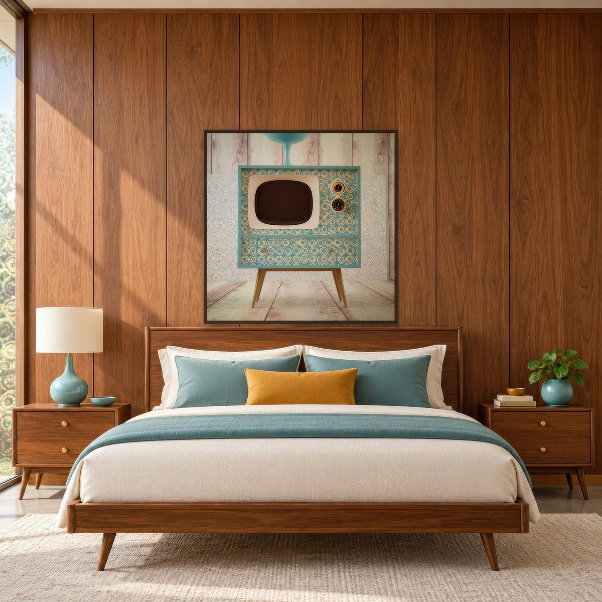 Retro TV Console on Whitewashed Wood mid-century modern wall art in a bedroom