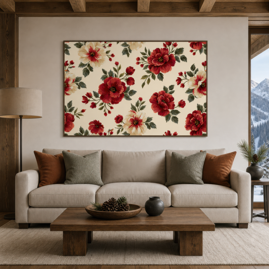 Red and Cream Rose Pattern wall art print staged in a room