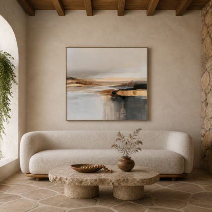 Large neutral horizon abstract artwork above a cream curved sofa on a flagstone floor
