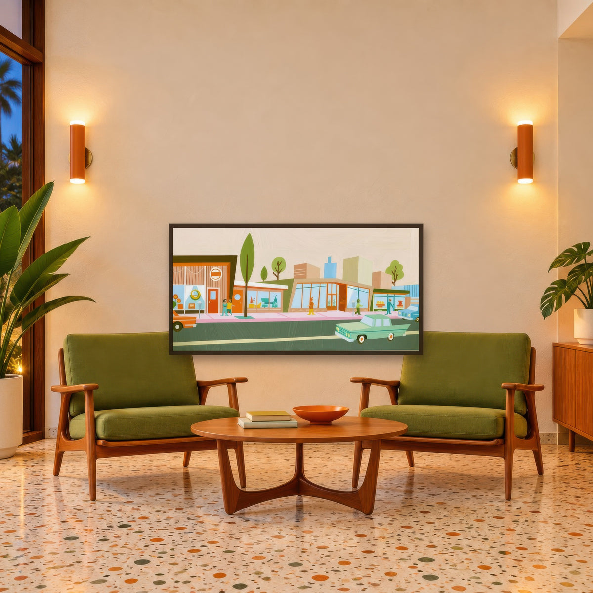 Retro Shops Along a Pink Sidewalk mid-century modern wall art in a den