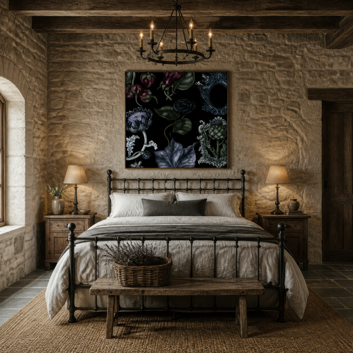 Dark Floral with an Oval Mirror Frame wall art print, alternate room view