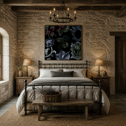 Dark Floral with an Oval Mirror Frame wall art print, alternate room view
