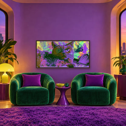 Purple and Green Cat psychedelic wall art in a den