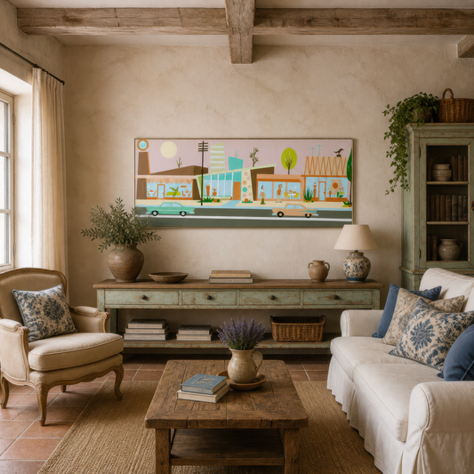Retro Strip Mall Under a Pink Sky wall art print, alternate room view