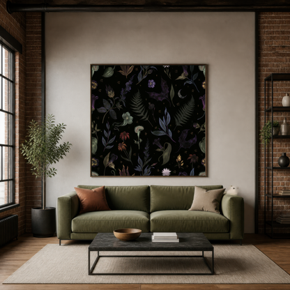 Moonlit Fern and Wildflower Illustration wall art print staged in a room