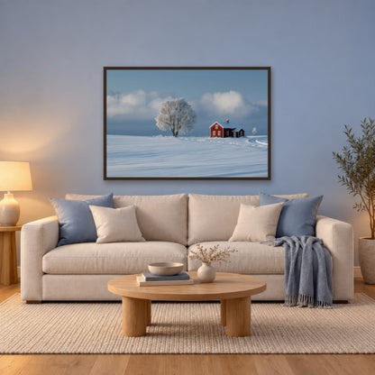 Frosted Tree and Red Cottage scandinavian wall art in a living room