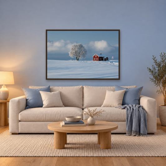 Frosted Tree and Red Cottage scandinavian wall art in a living room