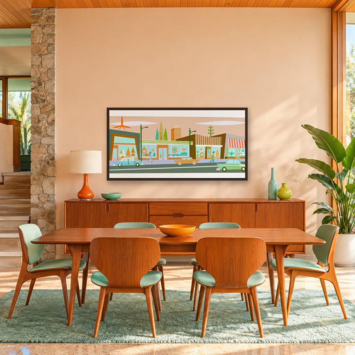 Retro Main Street in Warm Sand Tones mid-century modern wall art in a dining room