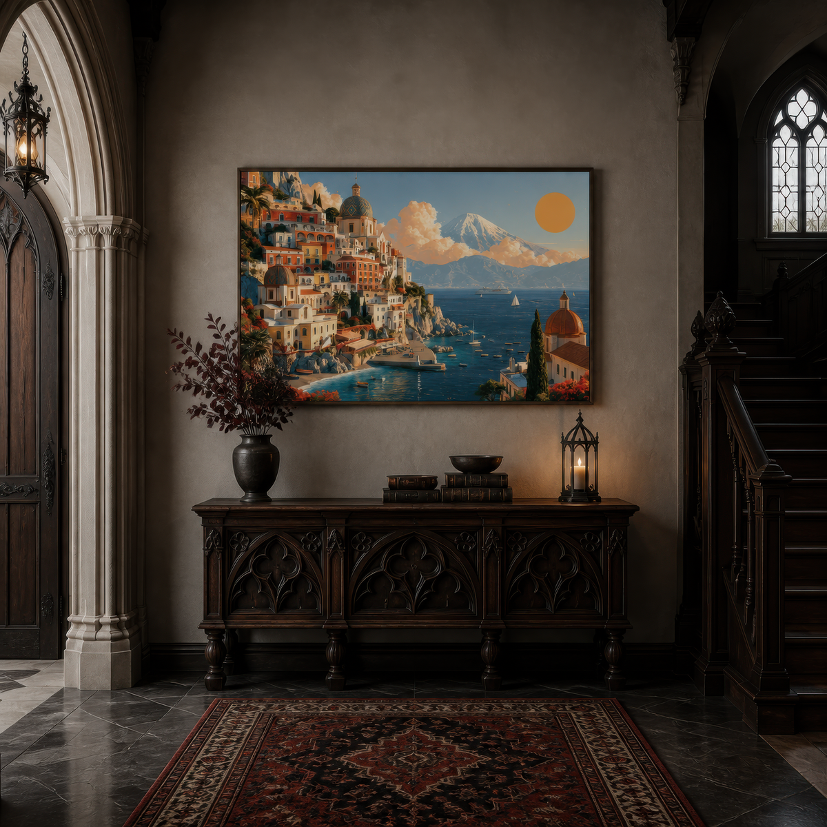 Cliffside Village Above a Blue Harbor wall art print, alternate room view