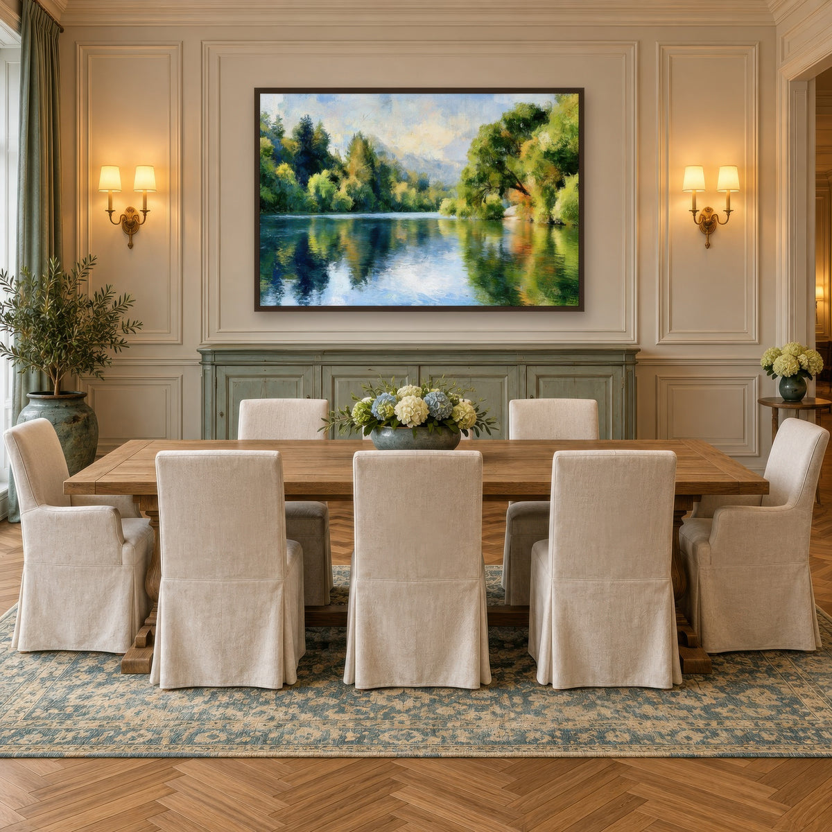 Quiet Lake Reflection impressionist wall art in a dining room