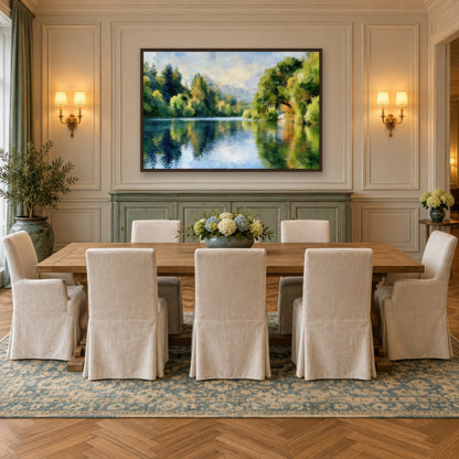 Quiet Lake Reflection impressionist wall art in a dining room