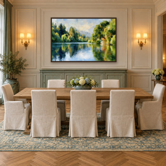 Quiet Lake Reflection impressionist wall art in a dining room