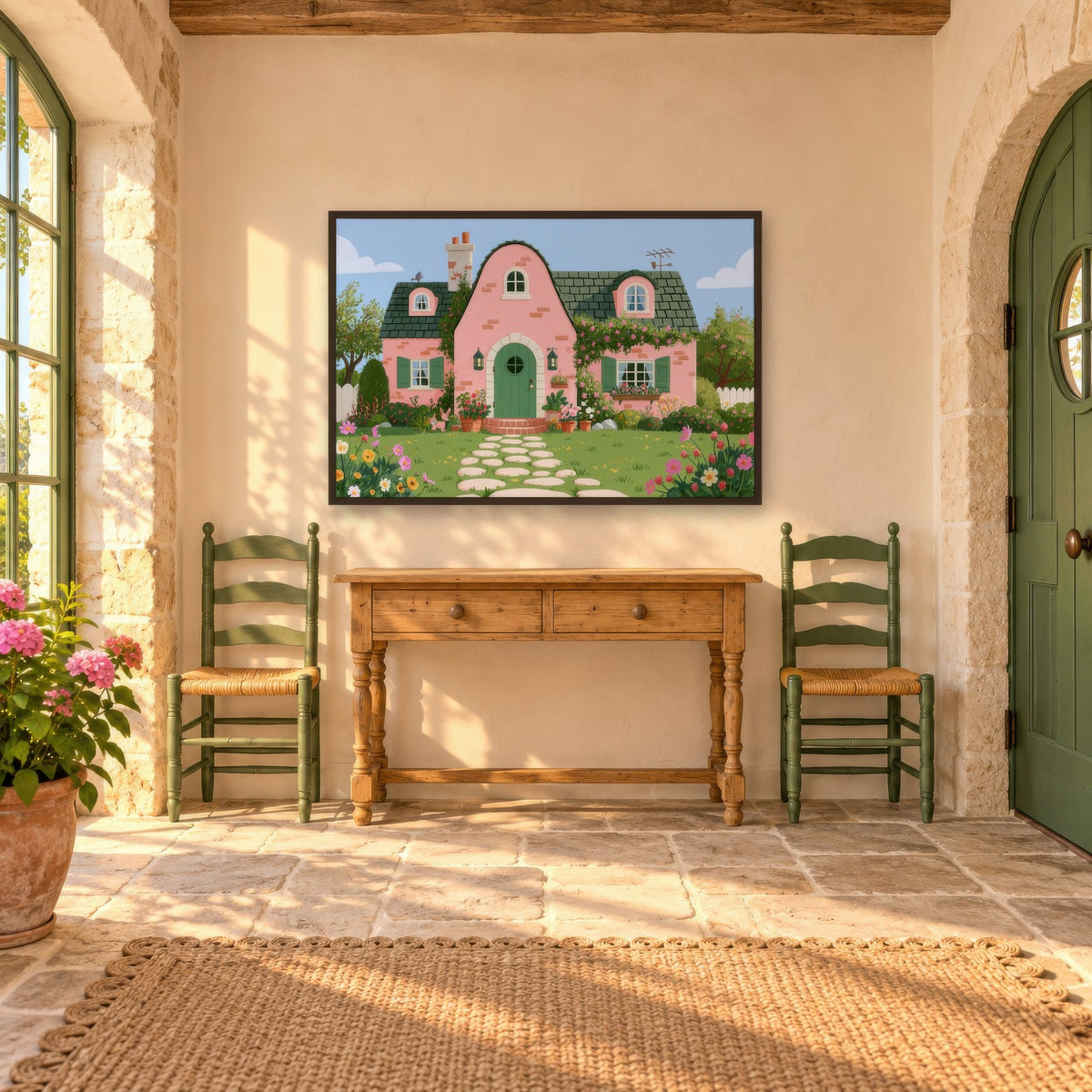 Pink Cottage Garden cottagecore wall art in an entryway