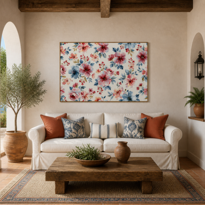 Pink and Blue Floral Pattern wall art print, alternate room view